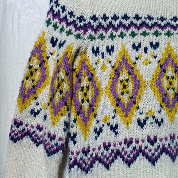 Talbots Sweater XS Cream Yellow Purple Nordic Fair Isle Crew Neck Wool Blend - Picture 4 of 9